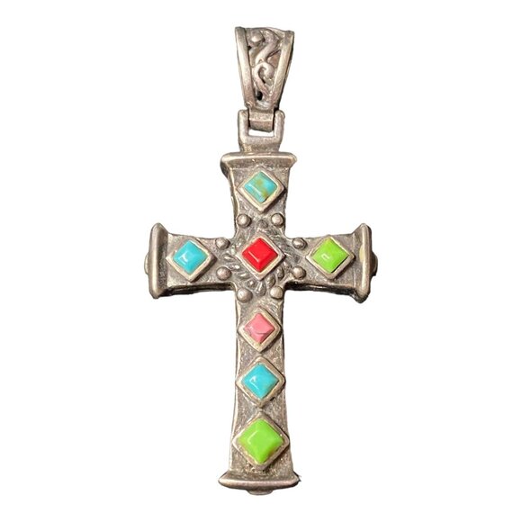 Cross Pendant With 7 Stones: Turquoise Red Coral Rhodonite Magnesite & Sterling - Picture 1 of 8